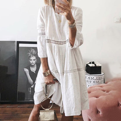 Eyelet Lace Crochet Insert Tiered Ruffle Babydoll Mini Dress