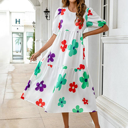 Ditsy Dot Print Puff Sleeve Round Neck Tiered Midi Dress