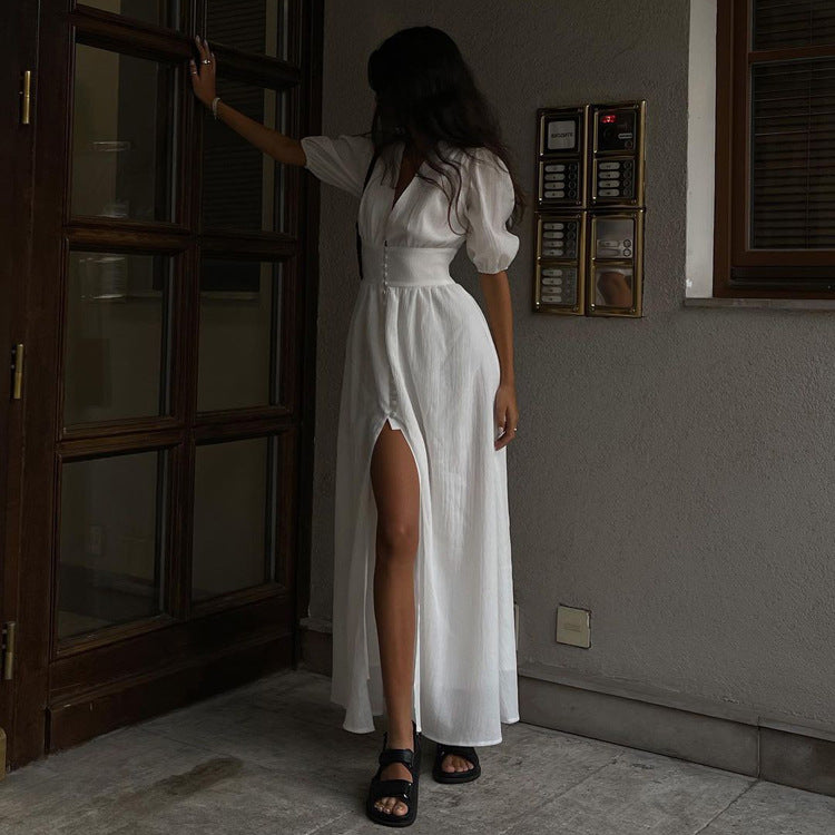 White deep v puff sleeve maxi dress