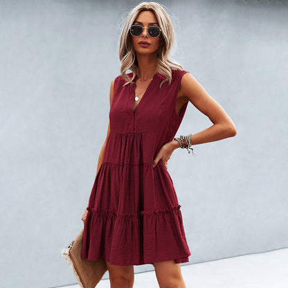 Notched V-Neck Tiered Ruffle Babydoll Mini Dress
