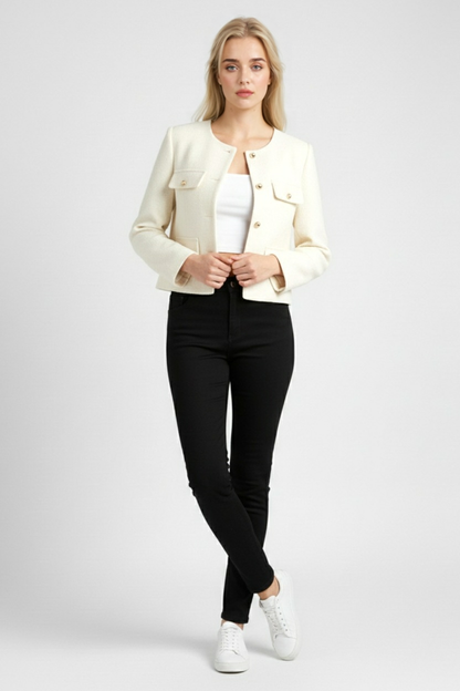 Gold-Button Pocket Jacket | Round Neck, Four Pocket Design