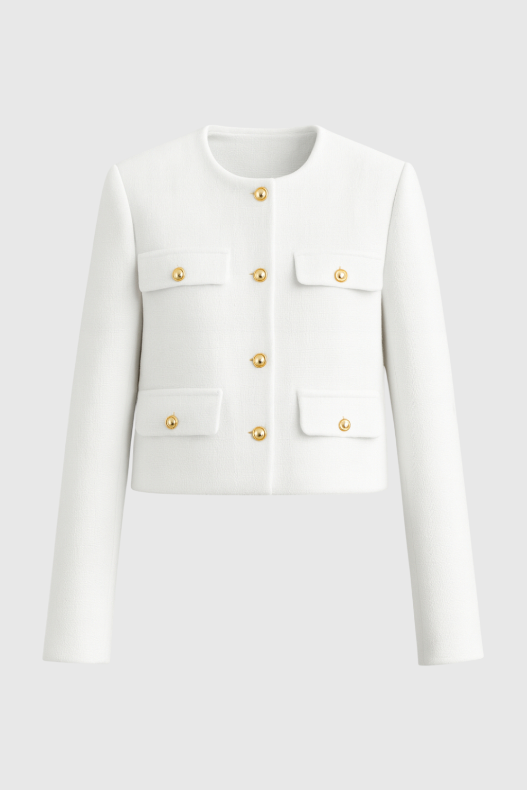 Gold-Button Pocket Jacket | Round Neck, Four Pocket Design