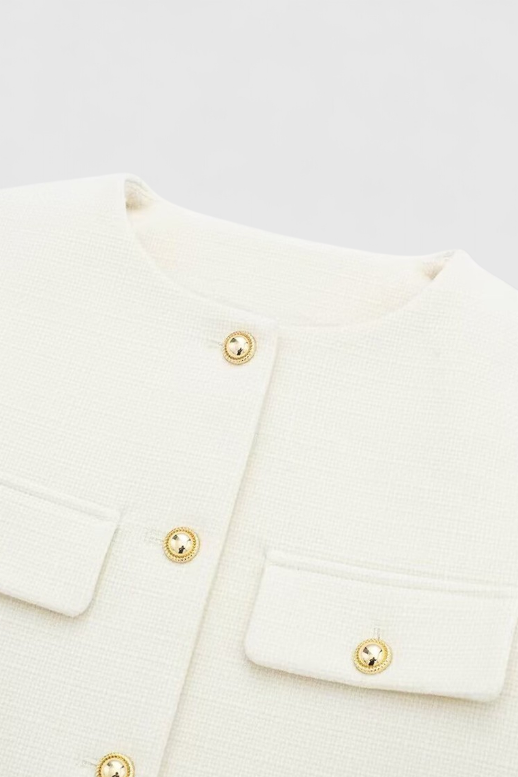 Gold-Button Pocket Jacket | Round Neck, Four Pocket Design