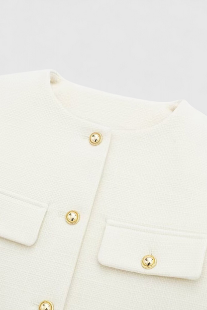 Gold-Button Pocket Jacket | Round Neck, Four Pocket Design