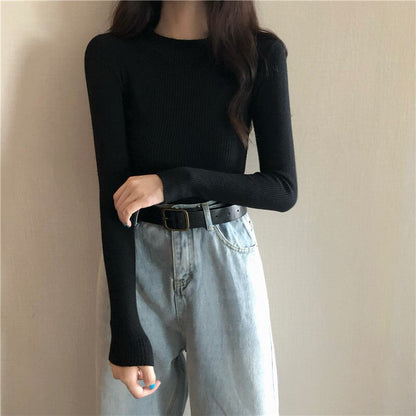 DressBetty - Knitted Half Turtleneck Full Sleeve Basic Tops