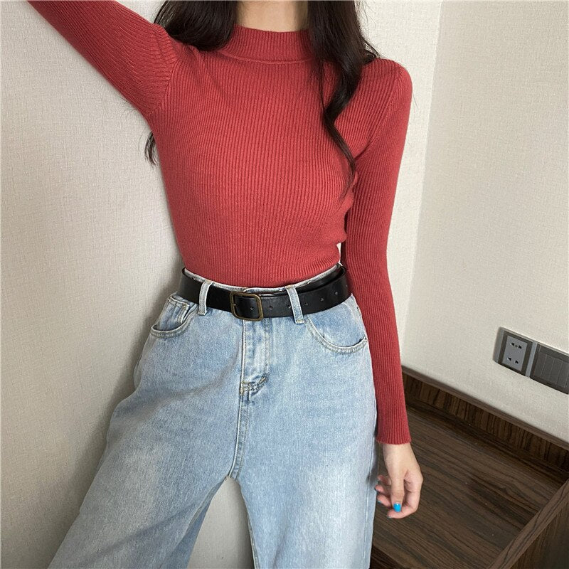 DressBetty - Knitted Half Turtleneck Full Sleeve Basic Tops