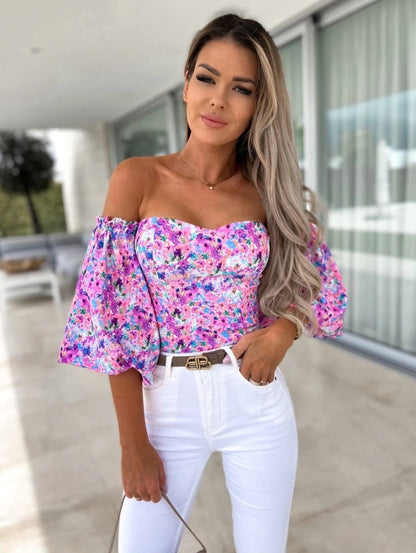 DressBetty - Women Sexy Top Summer Off Shoulder Floral Blouses Holiday Slash Neck Tops