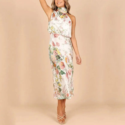 Floral Print Halter Draped Neck Bias Cut Midi Dress