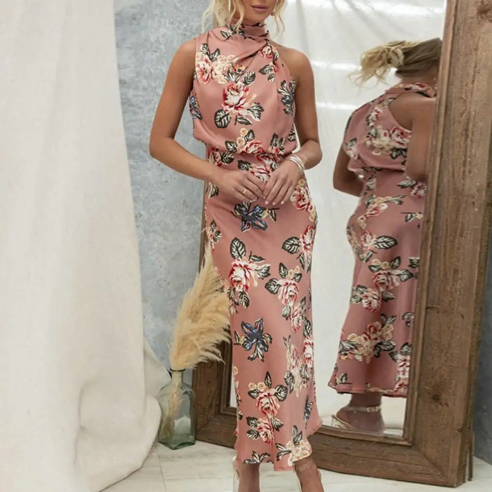 Floral Print Halter Draped Neck Bias Cut Midi Dress