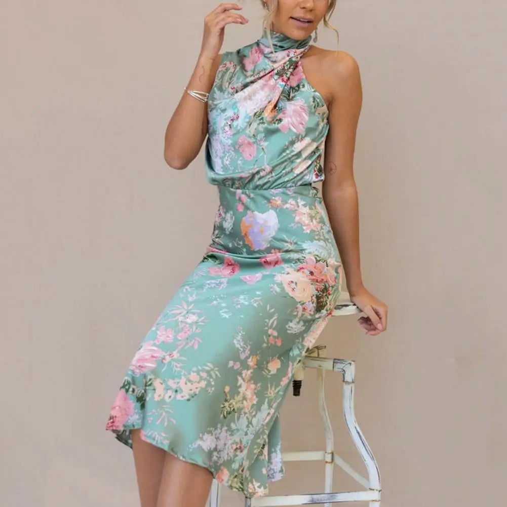 Floral Print Halter Draped Neck Bias Cut Midi Dress