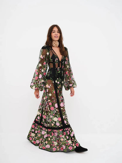 DressBetty - 2024 Women Backless See-through V-Neck Long Sleeve Floral Dress