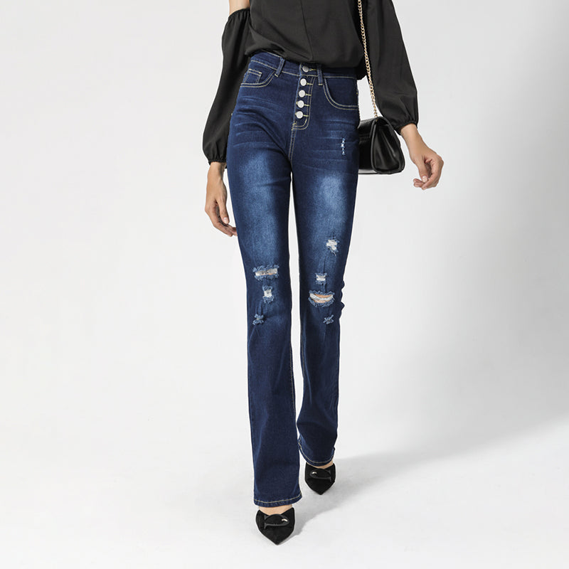 Julia Fashion - Women's Jeans  Casual Button Hole Slim Flared Pants