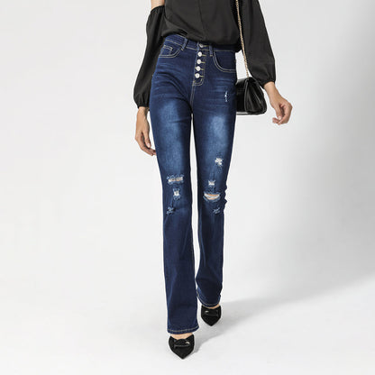 Julia Fashion - Women's Jeans  Casual Button Hole Slim Flared Pants