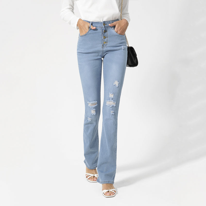 Julia Fashion - Women's Jeans  Casual Button Hole Slim Flared Pants