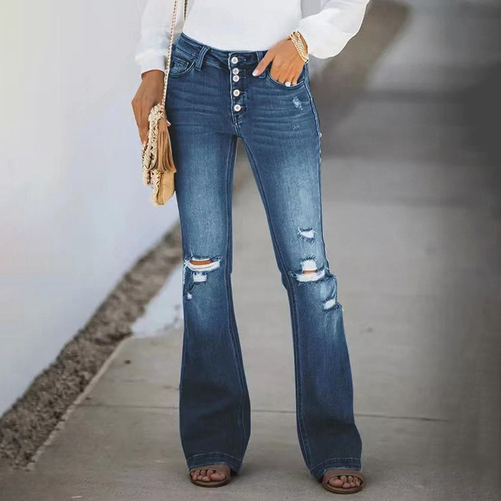 Julia Fashion - Women's Jeans  Casual Button Hole Slim Flared Pants