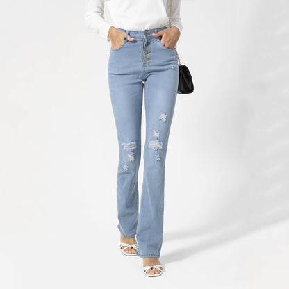 Julia Fashion - Women's Jeans  Casual Button Hole Slim Flared Pants