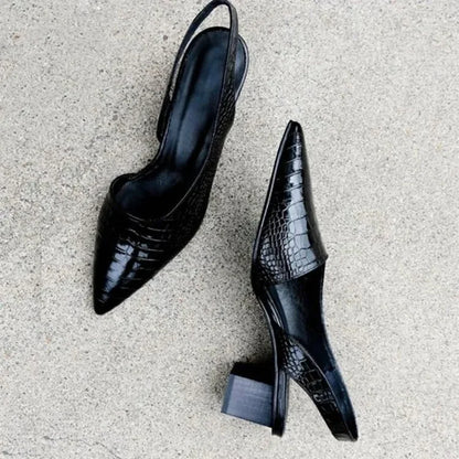Women's Crocodile Pattern Low Block Heel Leather Pumps – Elegant Comfort Shoes