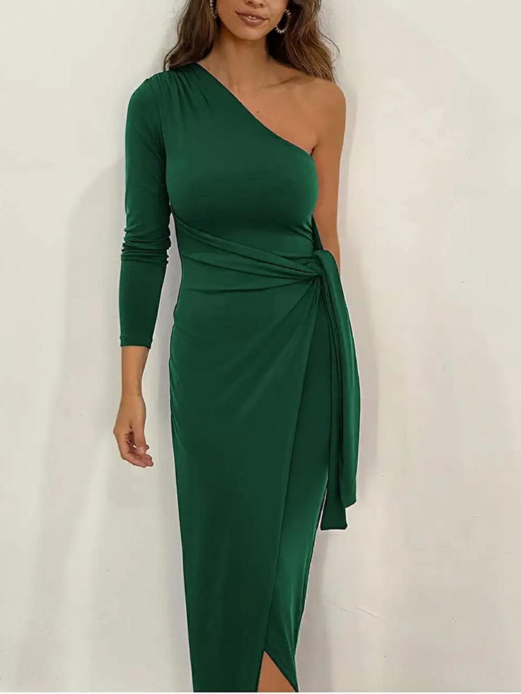 One Shoulder Long Sleeve Knot Waist Wrap Front High Slit Midi Dress