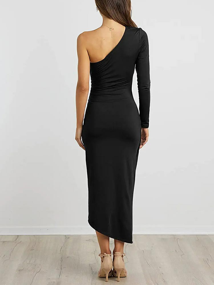 One Shoulder Long Sleeve Knot Waist Wrap Front High Slit Midi Dress