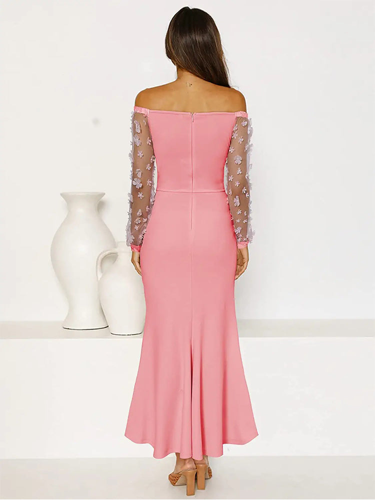 Off Shoulder Mesh Long Sleeve Floral Applique Wrap Ruched High Split Maxi Dress