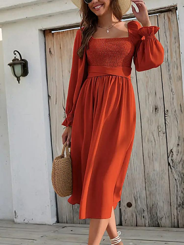 Sweetheart Wrap Front Cutout Smocked Waist Lantern Sleeve Midi Dress