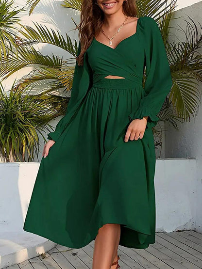 Sweetheart Wrap Front Cutout Smocked Waist Lantern Sleeve Midi Dress