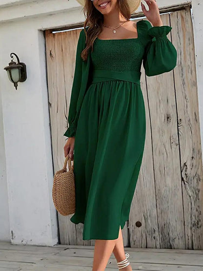 Sweetheart Wrap Front Cutout Smocked Waist Lantern Sleeve Midi Dress
