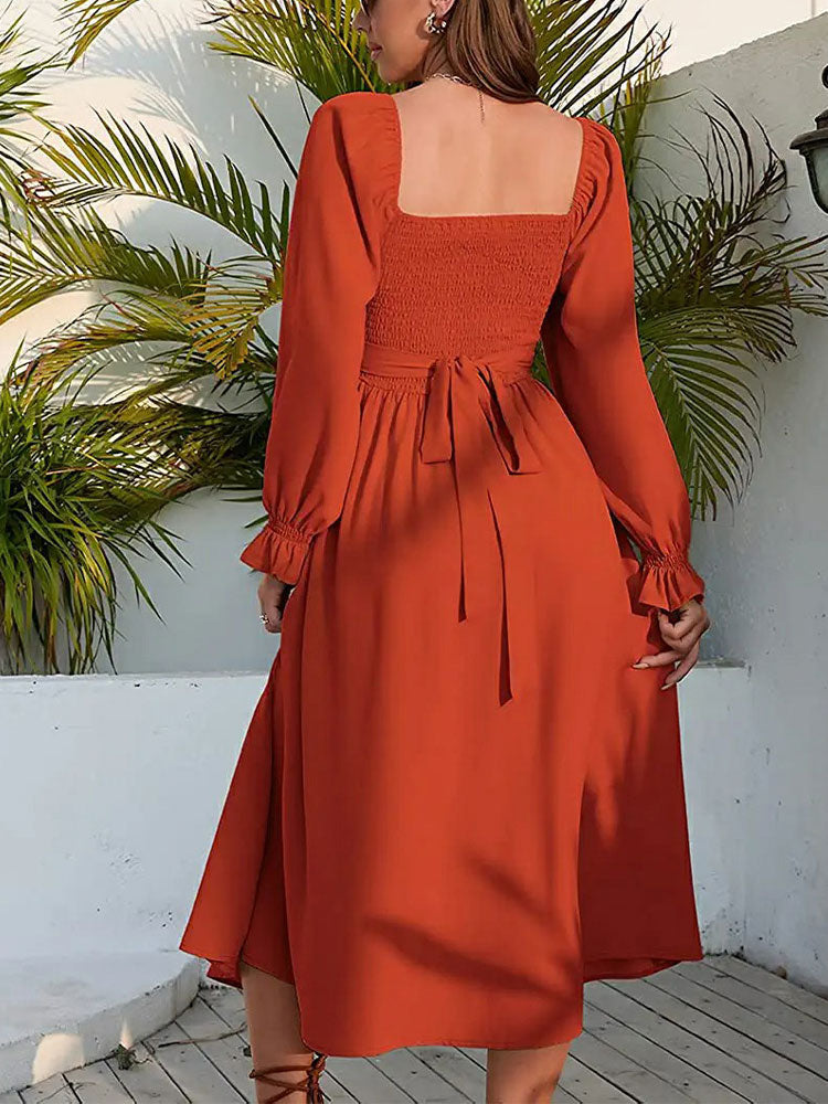 Sweetheart Wrap Front Cutout Smocked Waist Lantern Sleeve Midi Dress