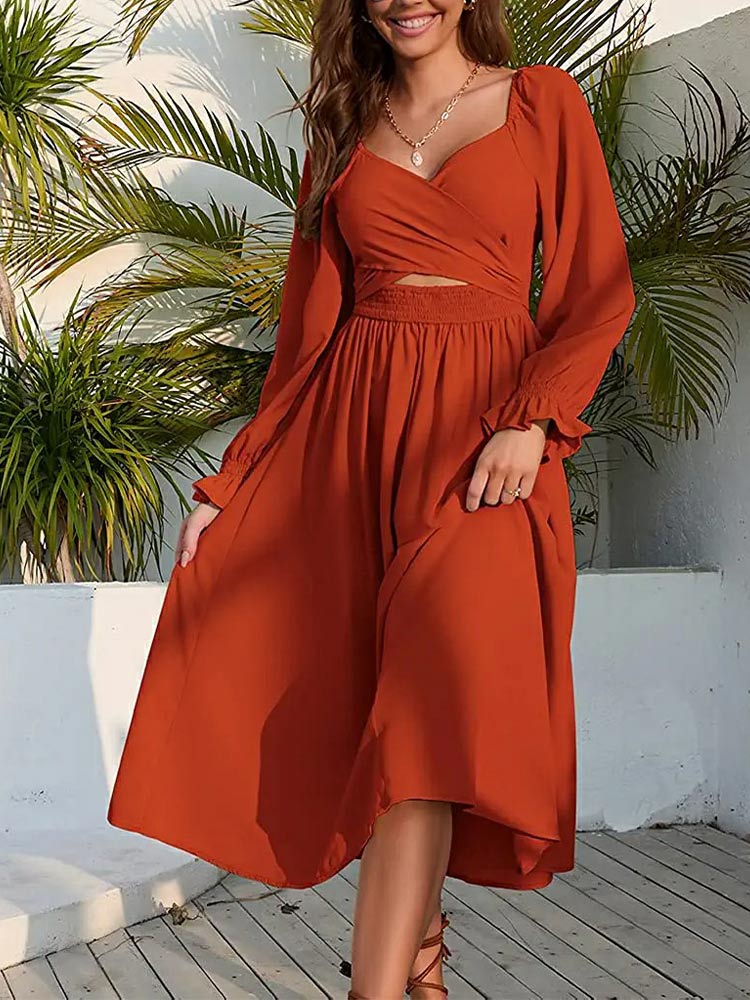Sweetheart Wrap Front Cutout Smocked Waist Lantern Sleeve Midi Dress