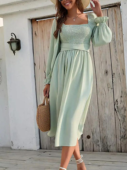 Sweetheart Wrap Front Cutout Smocked Waist Lantern Sleeve Midi Dress