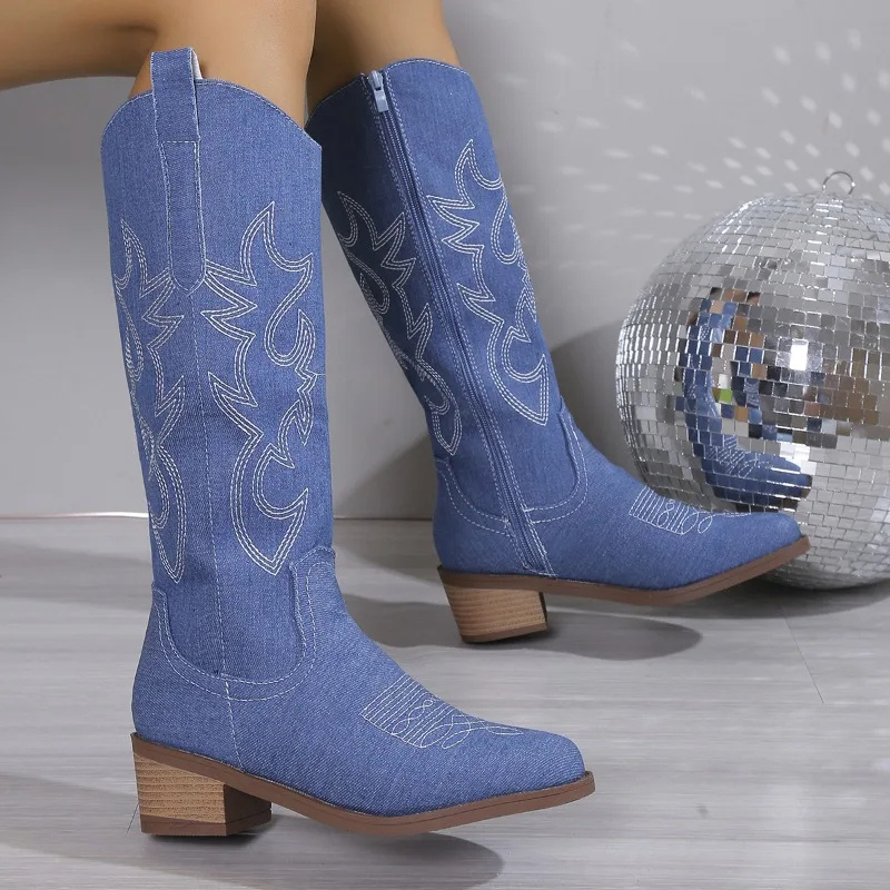 Women Cowboy Boots Denim