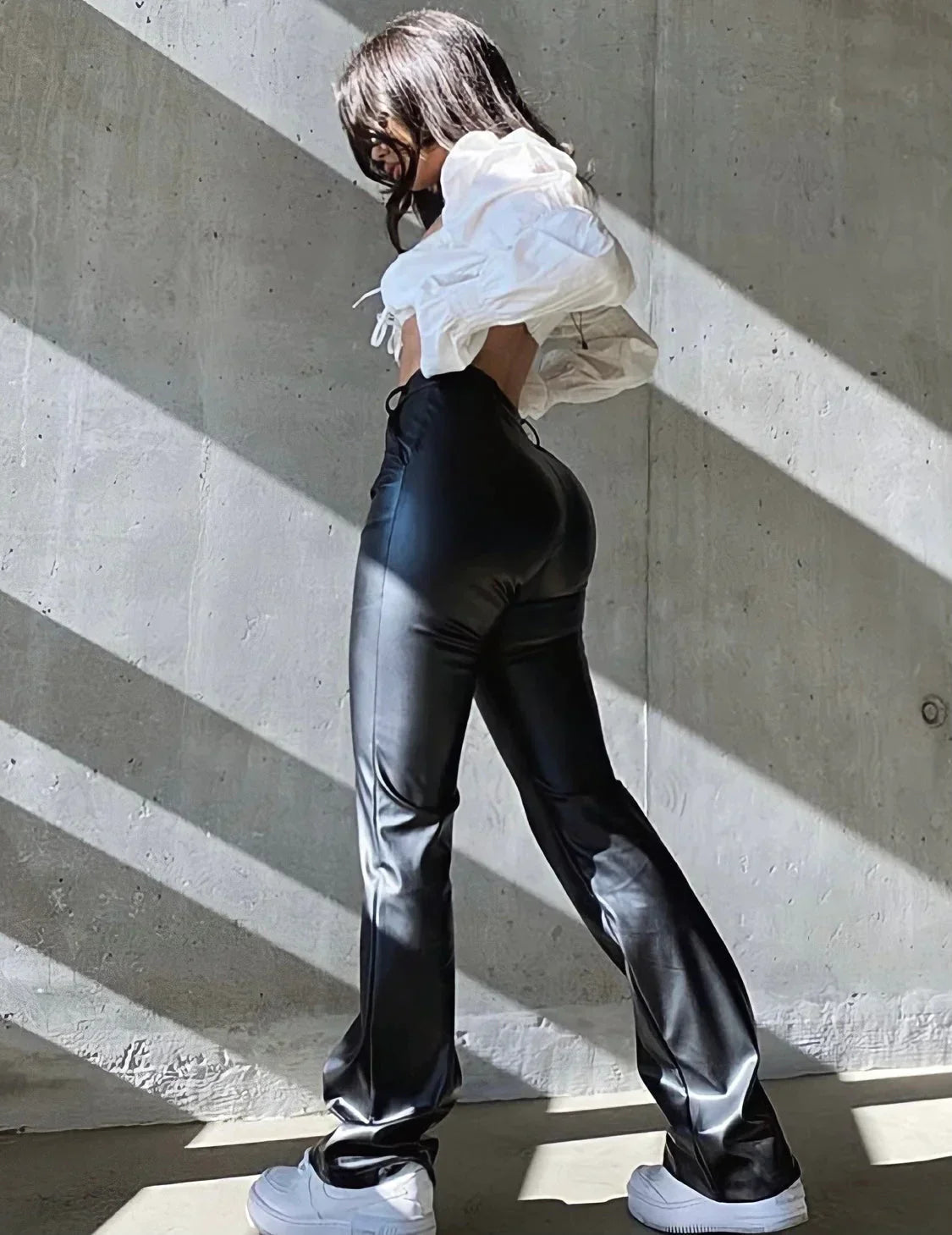 Women Vegan Leather Pants High Waisted