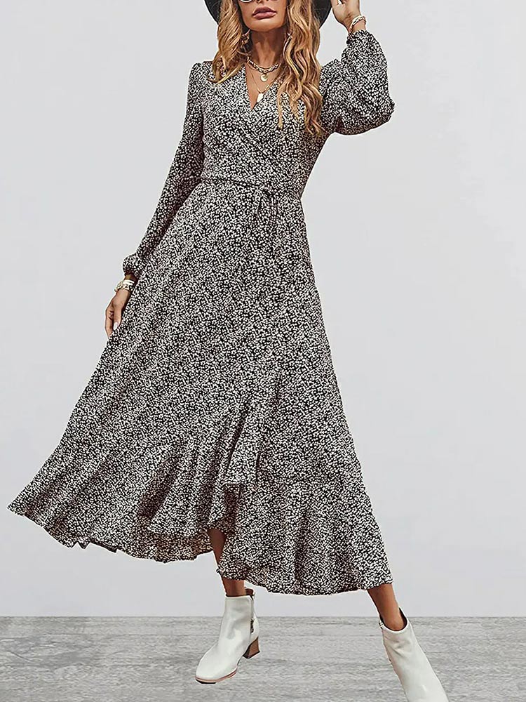 Print Deep V Wrap Front Lantern Sleeve Smocked Waist Split Midi Dress