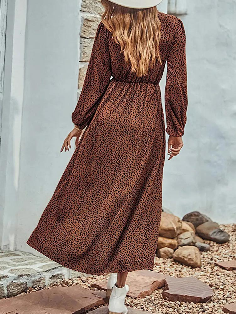 Print Deep V Wrap Front Lantern Sleeve Smocked Waist Split Midi Dress