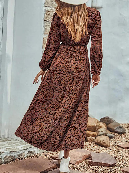 Print Deep V Wrap Front Lantern Sleeve Smocked Waist Split Midi Dress