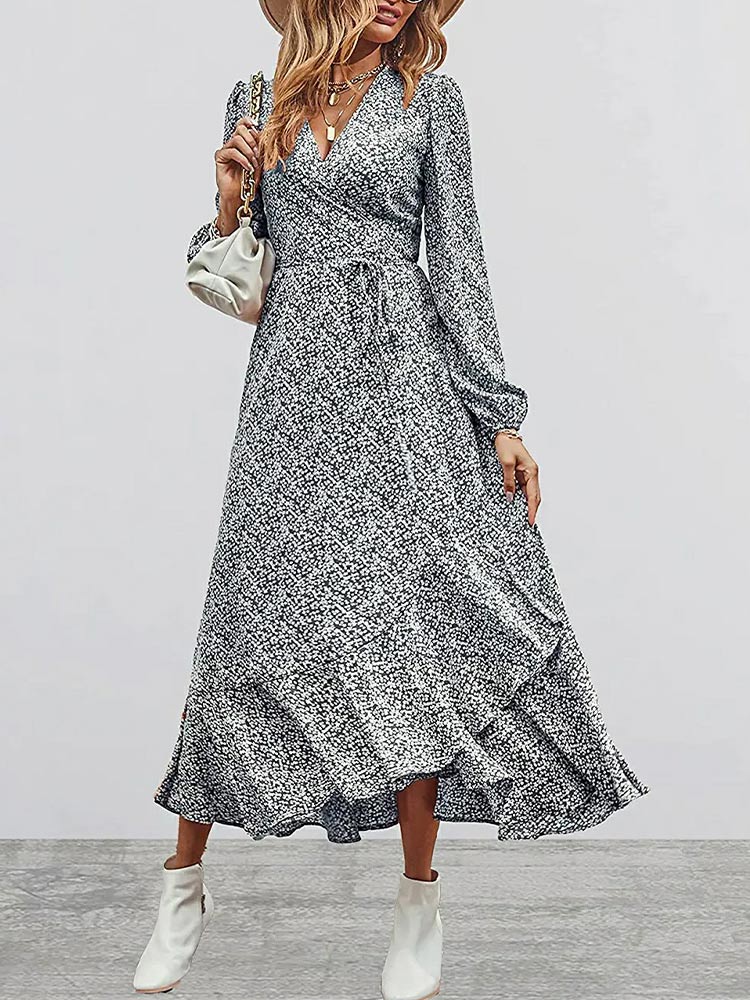Print Deep V Wrap Front Lantern Sleeve Smocked Waist Split Midi Dress