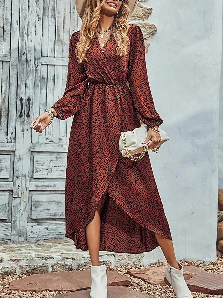 Print Deep V Wrap Front Lantern Sleeve Smocked Waist Split Midi Dress