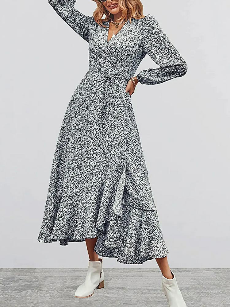 Print Deep V Wrap Front Lantern Sleeve Smocked Waist Split Midi Dress