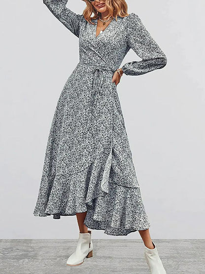 Print Deep V Wrap Front Lantern Sleeve Smocked Waist Split Midi Dress