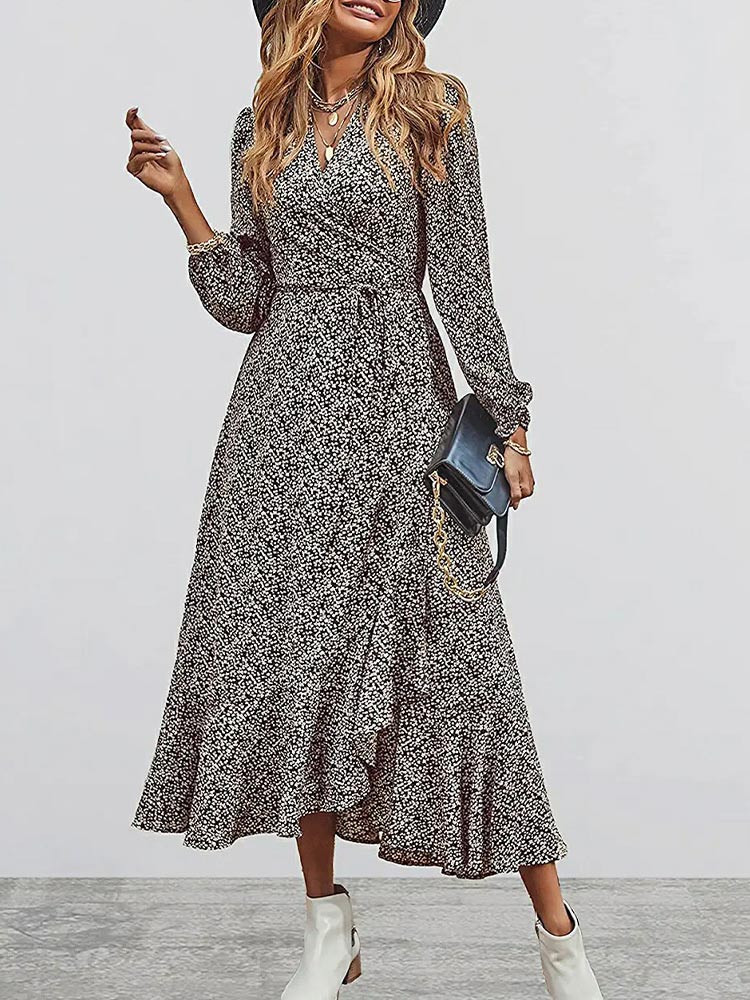 Print Deep V Wrap Front Lantern Sleeve Smocked Waist Split Midi Dress
