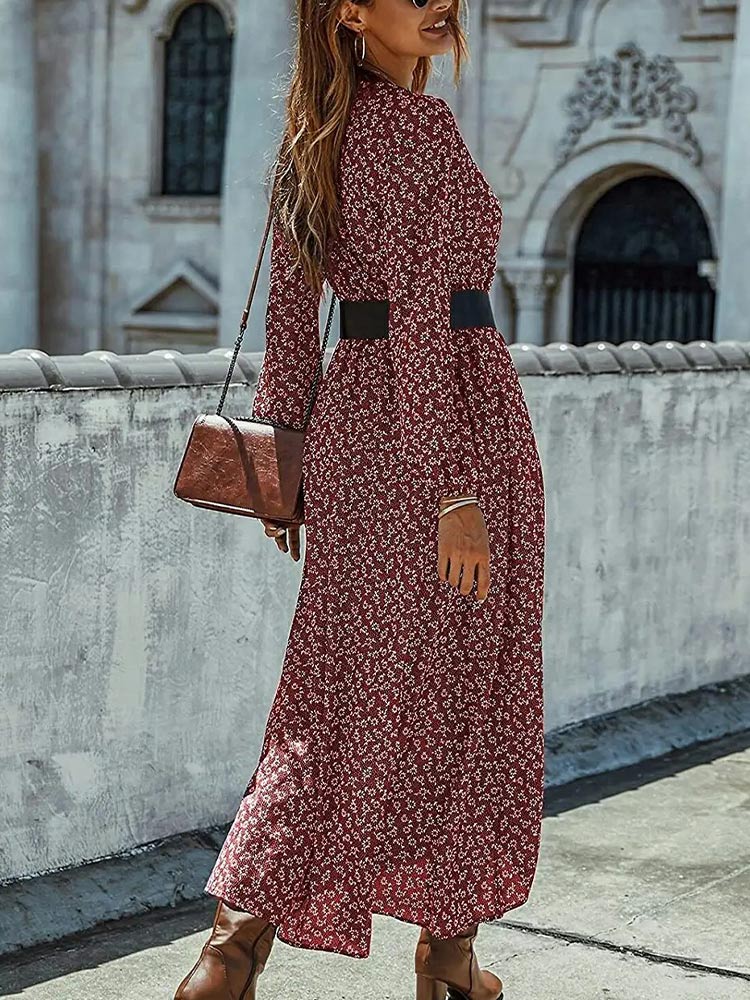 Print Deep V Wrap Front Lantern Sleeve Smocked Waist Split Midi Dress