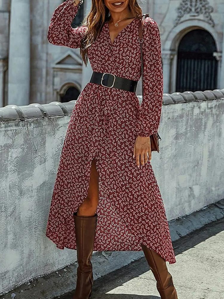 Print Deep V Wrap Front Lantern Sleeve Smocked Waist Split Midi Dress