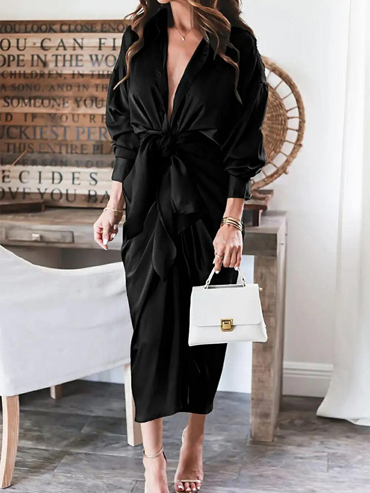 Lapel Collar Deep V Neck Long Sleeve Tie Waist Satin Wrap Midi Dress