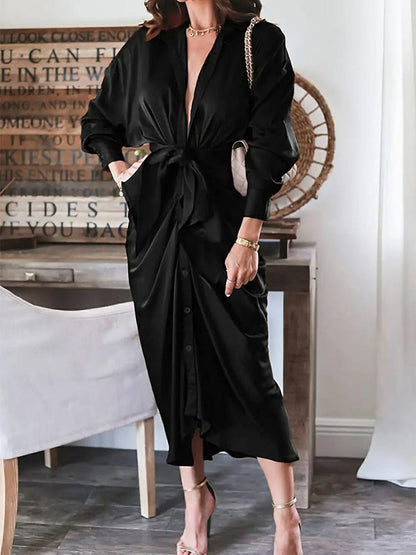 Lapel Collar Deep V Neck Long Sleeve Tie Waist Satin Wrap Midi Dress