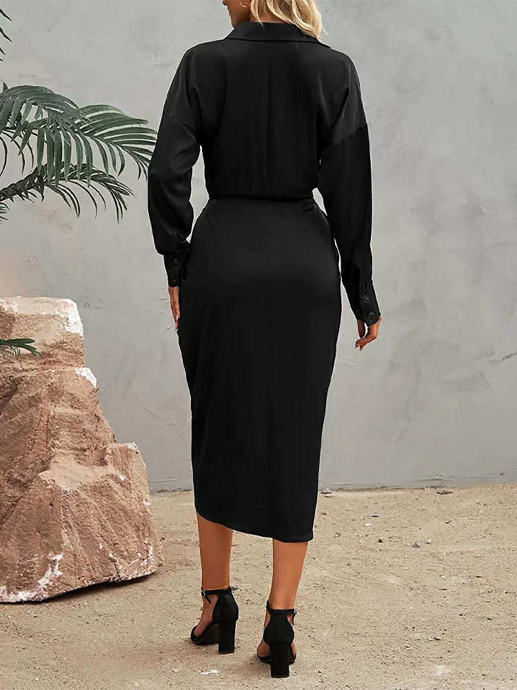 Lapel Collar Deep V Neck Long Sleeve Tie Waist Satin Wrap Midi Dress