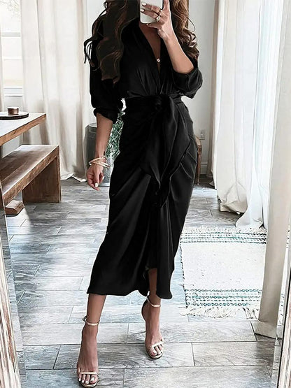 Lapel Collar Deep V Neck Long Sleeve Tie Waist Satin Wrap Midi Dress
