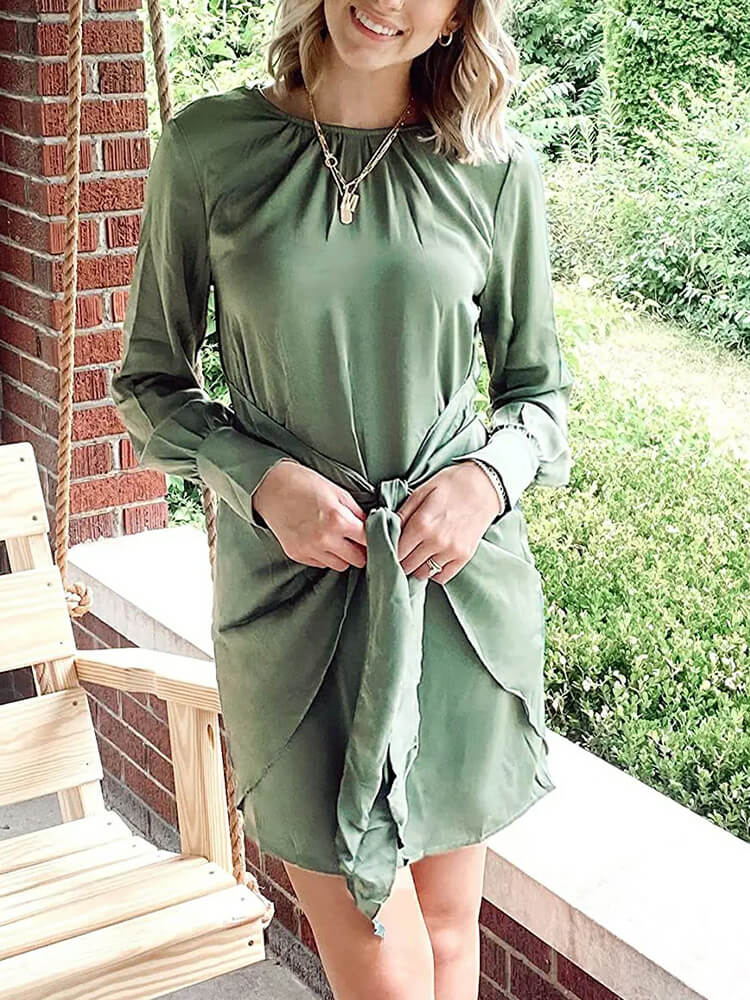 Crew Neck Flared Cuff Long Sleeve Self Tie Waist Satin Wrap Mini Dress