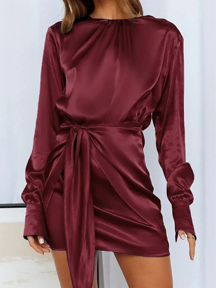 Crew Neck Flared Cuff Long Sleeve Self Tie Waist Satin Wrap Mini Dress
