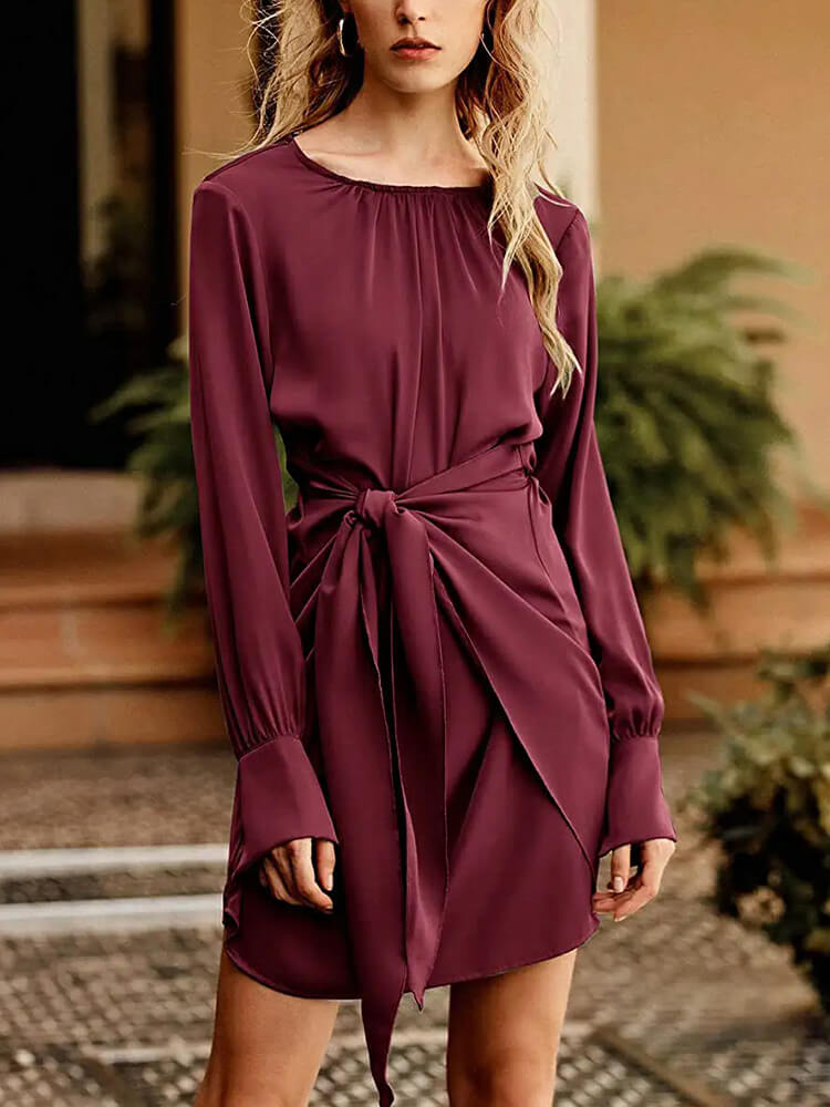Crew Neck Flared Cuff Long Sleeve Self Tie Waist Satin Wrap Mini Dress