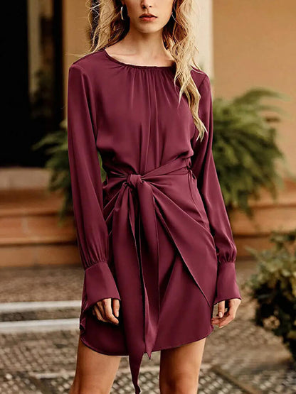 Crew Neck Flared Cuff Long Sleeve Self Tie Waist Satin Wrap Mini Dress